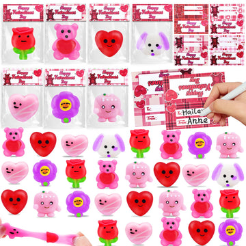 Amenon 28 Pack Valentines Day Mochi Squishy Toys, Prefilled Valentines Gifts For Kids Kawaii Squeeze Heart Bear With Cards Class