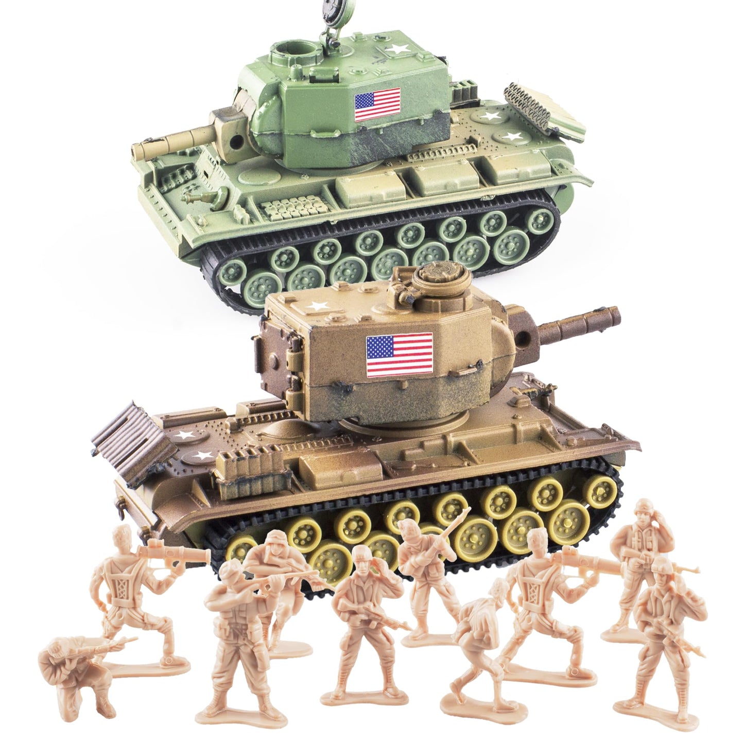 Maozyhomie 1:72 U.S Army Tank & Army Men Toys Playset, Includes 2Pc Us Tank-7 Models With 10Pc Toy Soldiers, Desert Tan And Oliv