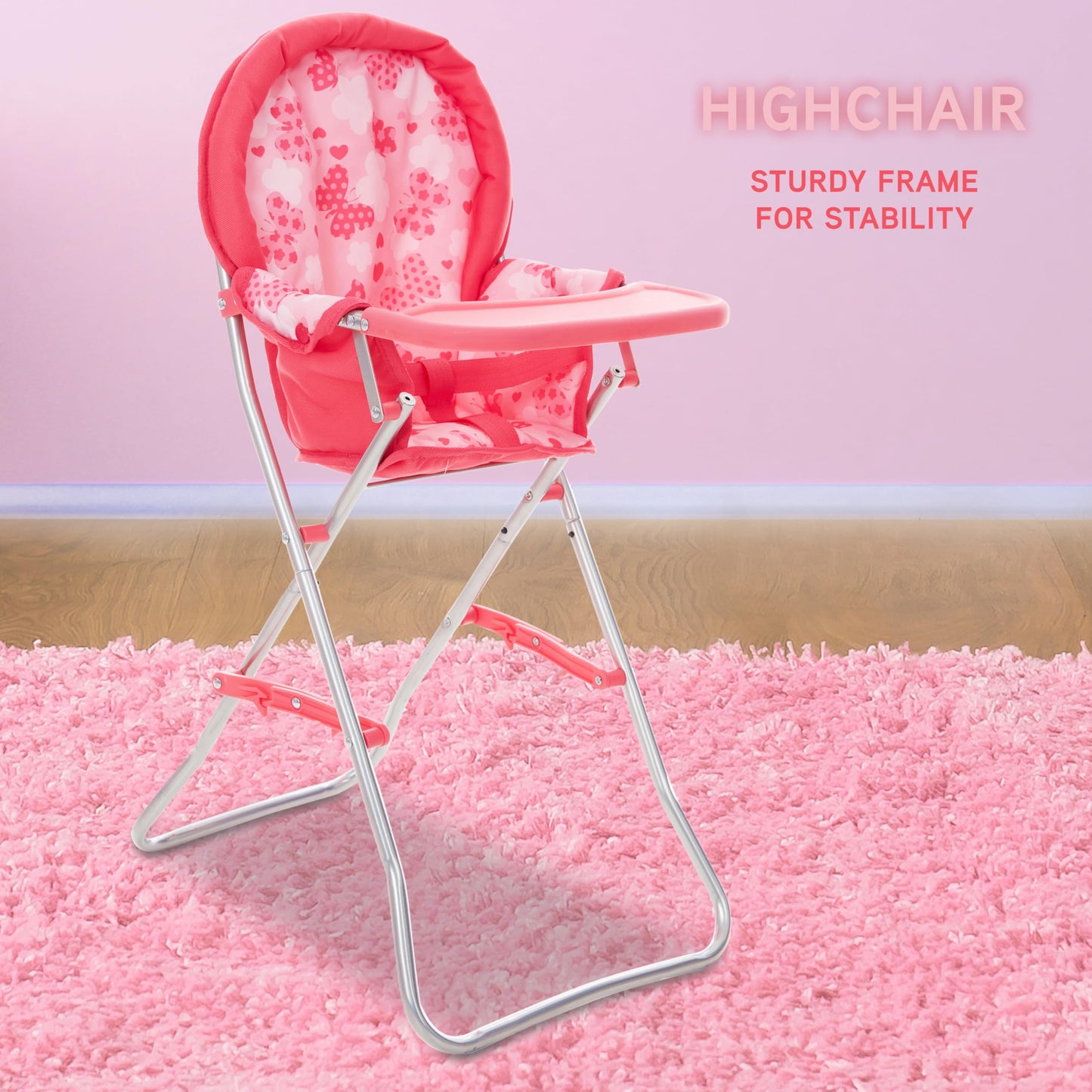 Dolls To Play Baby Doll Stroller Bed and Seat Nursery Playset, Accessories Furniture Set High Chair Diaper Bag Role Play Deluxe