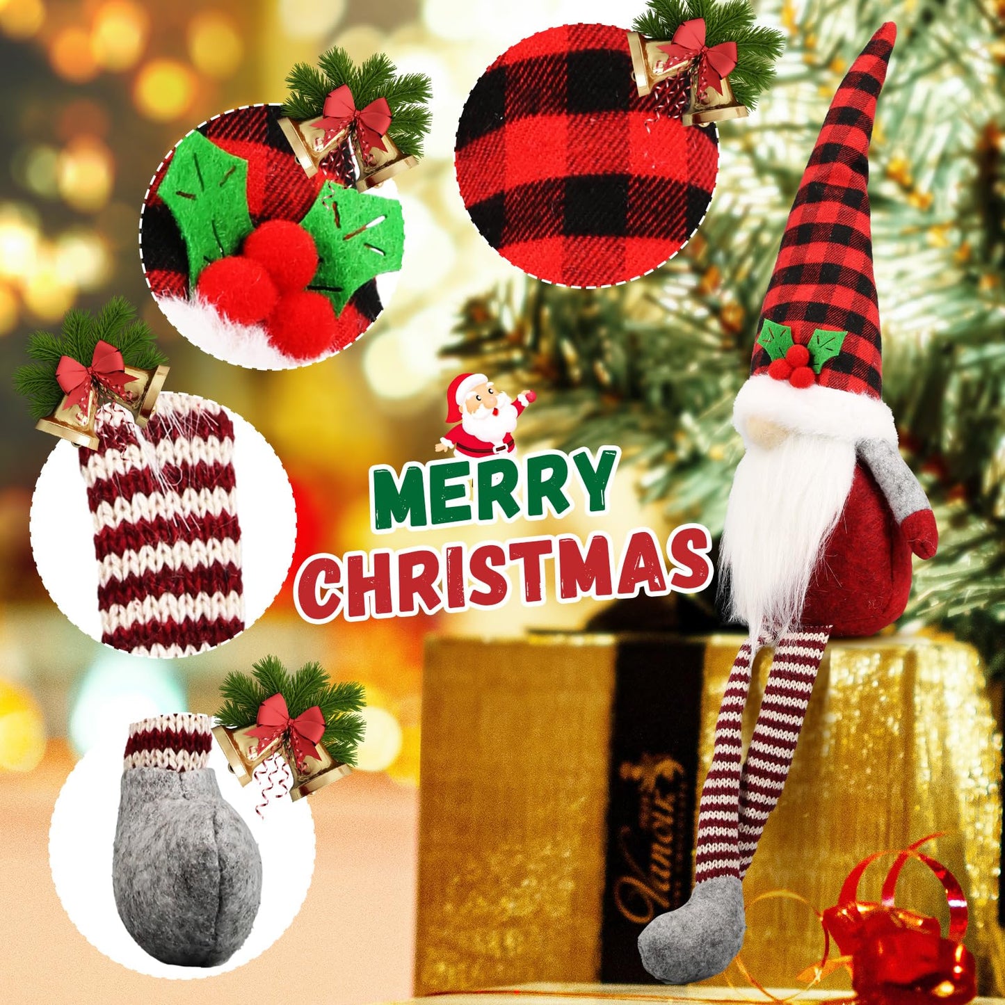 Teeker 3Pcs Christmas Gnomes Plush - Handmade Xmas Gnomes Santa Scandinavian Tomte Ornaments - Buffalo Check Plaid Christmas Gno
