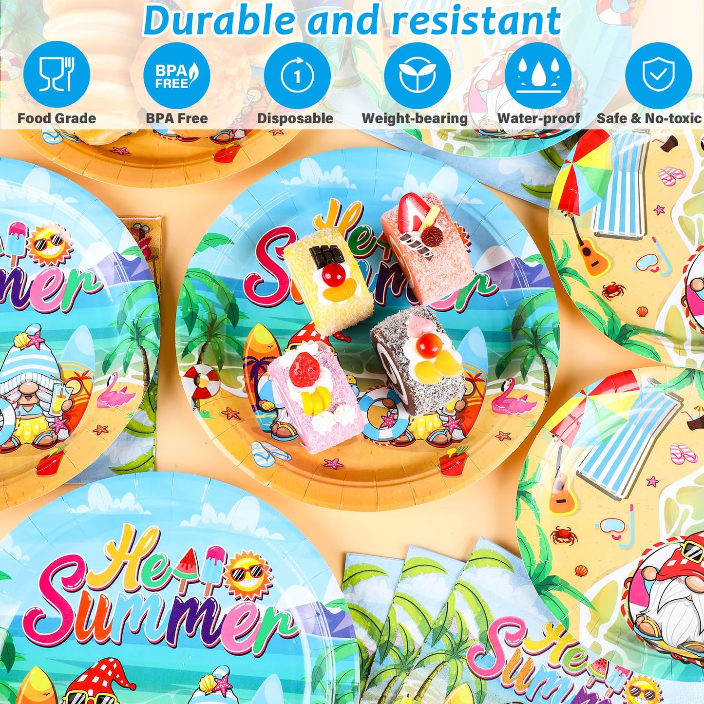 96 Pcs Hello Summer Beach Party Supplies Paper Plates Napkins Summer Beach Hawaiian Pool Party Birthday Tableware Set Summer Gno