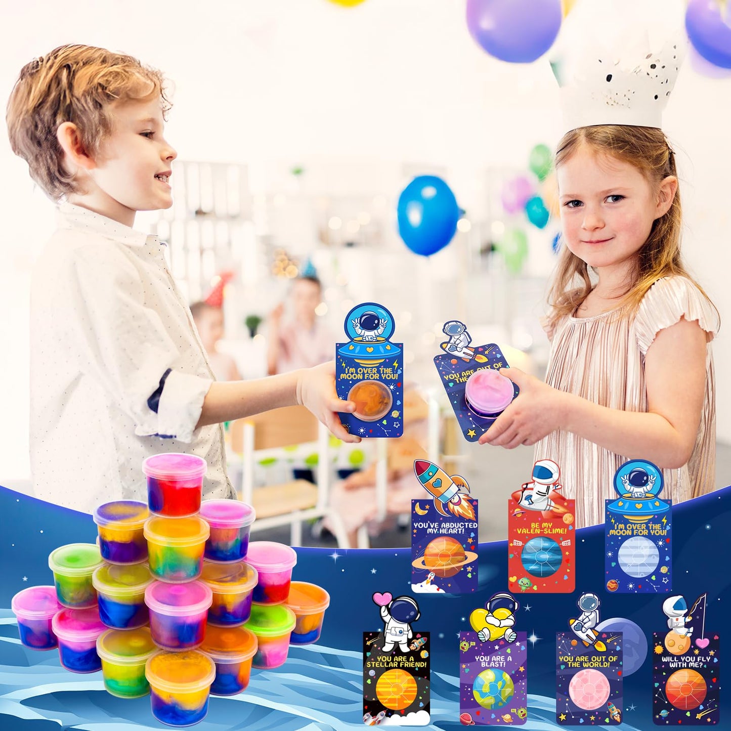 28 Pack Valentines Day Gift For Kids, Galaxy Slime Stress Relief Fidget Toy With Kids Valentines Day Cards, Valentines For Kids