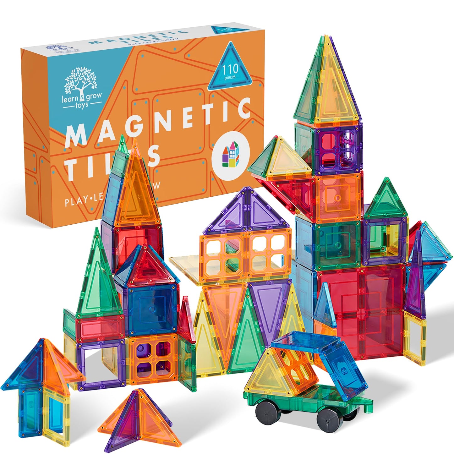 Lean & Grow Toys 110Pcs Magnetic Tiles Builders Pack Kids Magnetic Building Sets 3D Magnet Tile Building Blocks Construction Edu