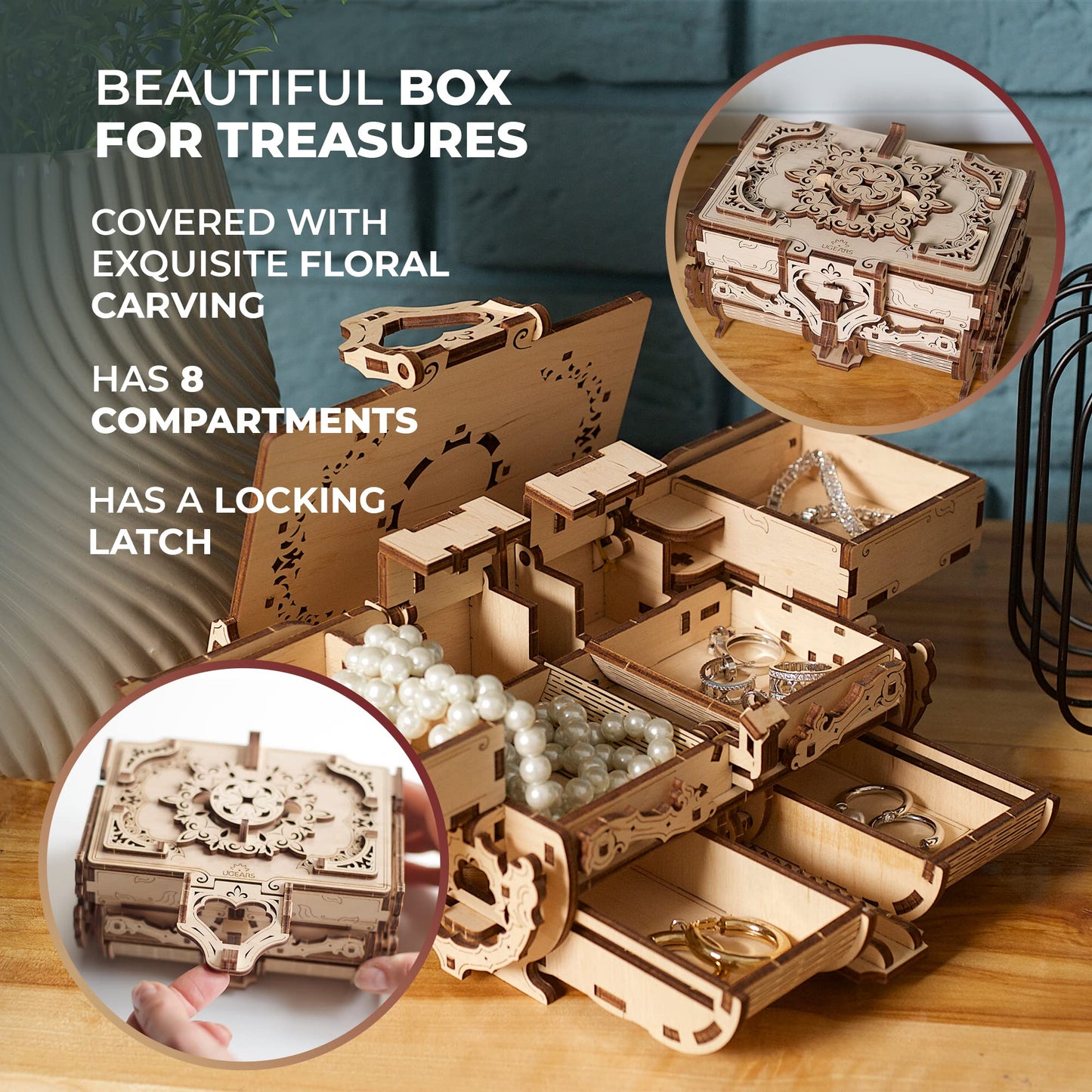 UGEARS 3D Wooden Puzzles Box - 3D Puzzle Antique Wooden Box Wooden Model Kits for mature-themeds - Laser-Cut Mechanical Model Construction Kit