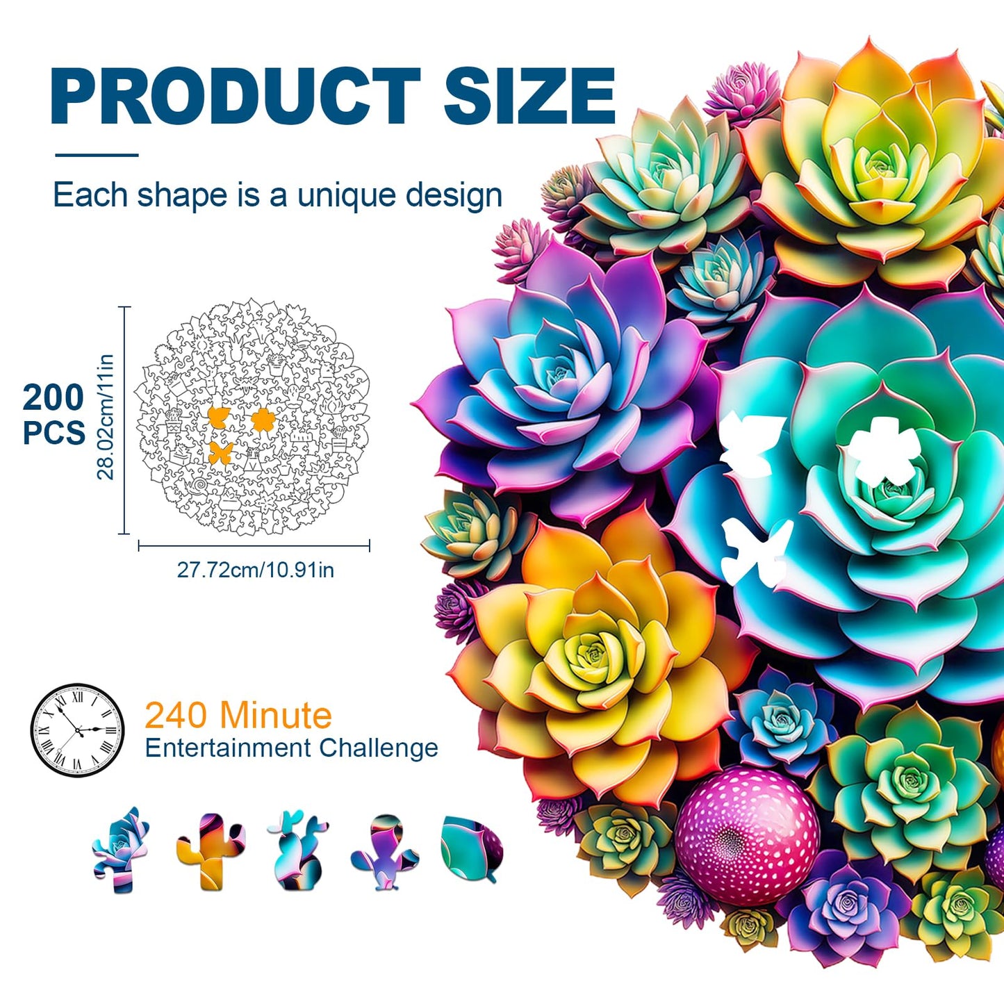 Wooden Jigsaw Puzzles for mature-themeds and Kids  Succulent Plants 200 Piece Unique Shaped Puzzle  Family Game and Creative Wooden Puzzle Gift  Wall Art Decor  11 x 11 Inch