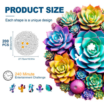 Wooden Jigsaw Puzzles for mature-themeds and Kids  Succulent Plants 200 Piece Unique Shaped Puzzle  Family Game and Creative Wooden Puzzle Gift  Wall Art Decor  11 x 11 Inch