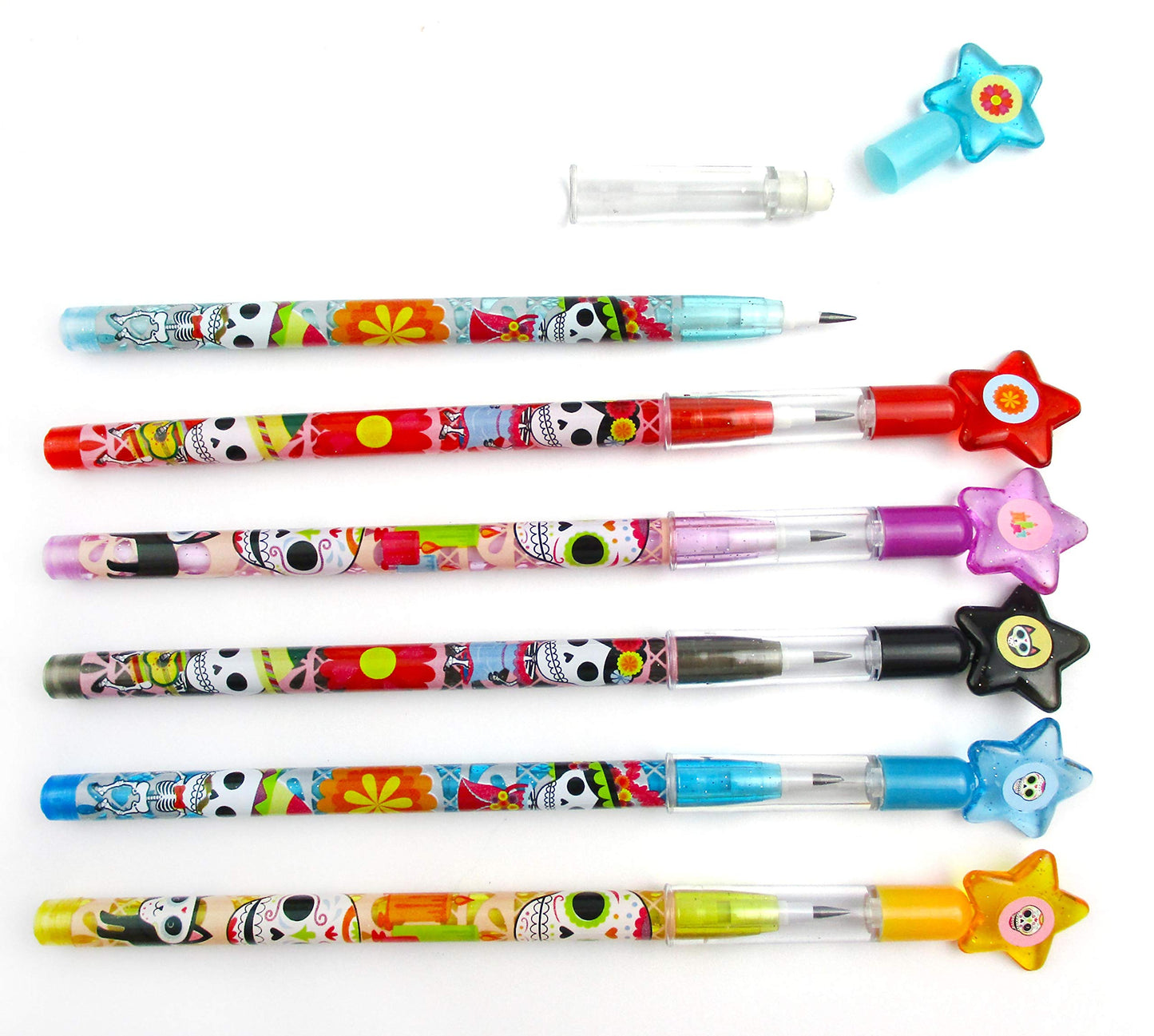 TINYMILLS 24 Pcs Day of the Dead Halloween Multi Point Stackable Pencil with Eraser for Halloween Party Favor Prize Carnival Goo