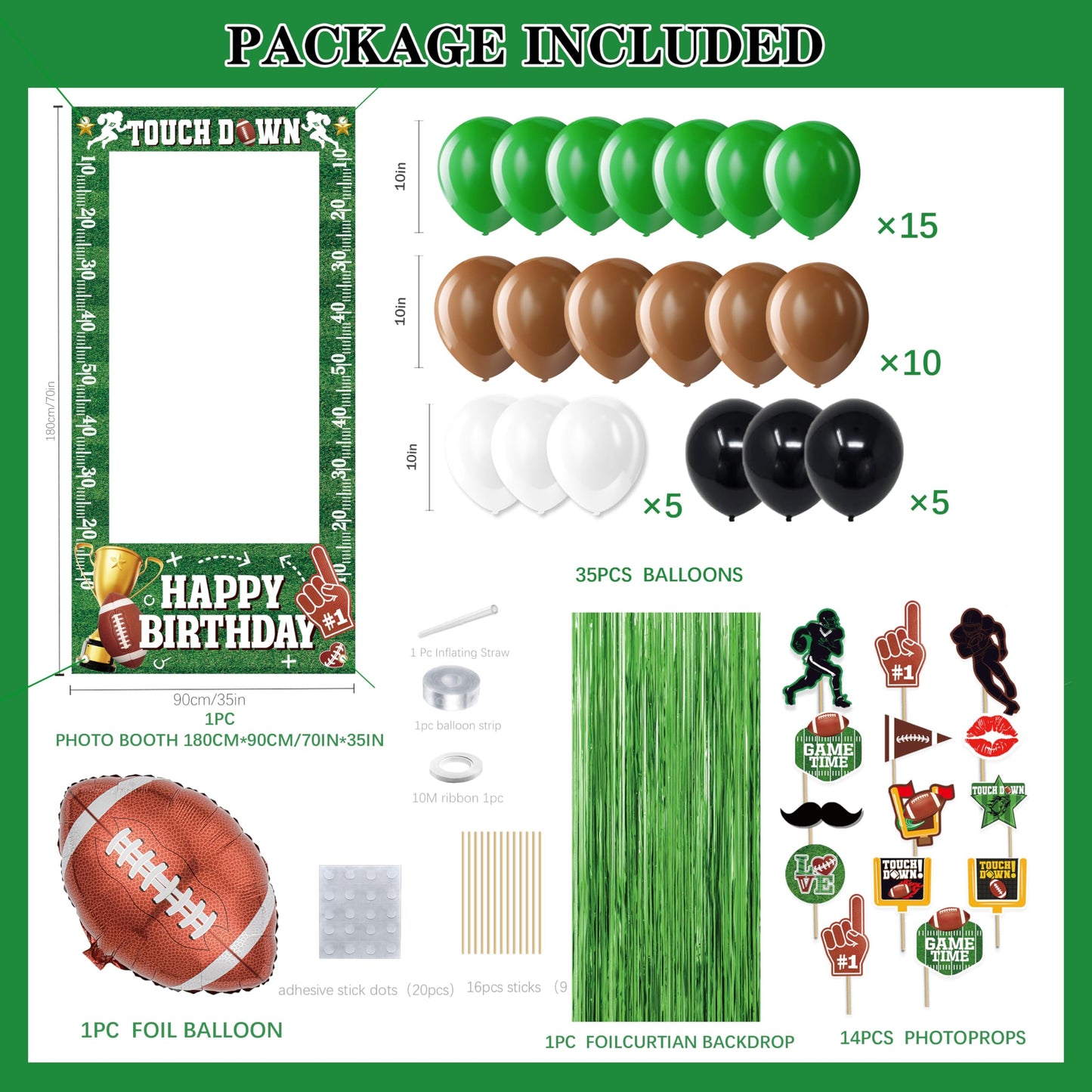 Football Birthday Party Decorations Set - Photo Booth Props for boys,Foil Fringe Curtain Backdrop,Foil Balloon,Green Balloons Bi