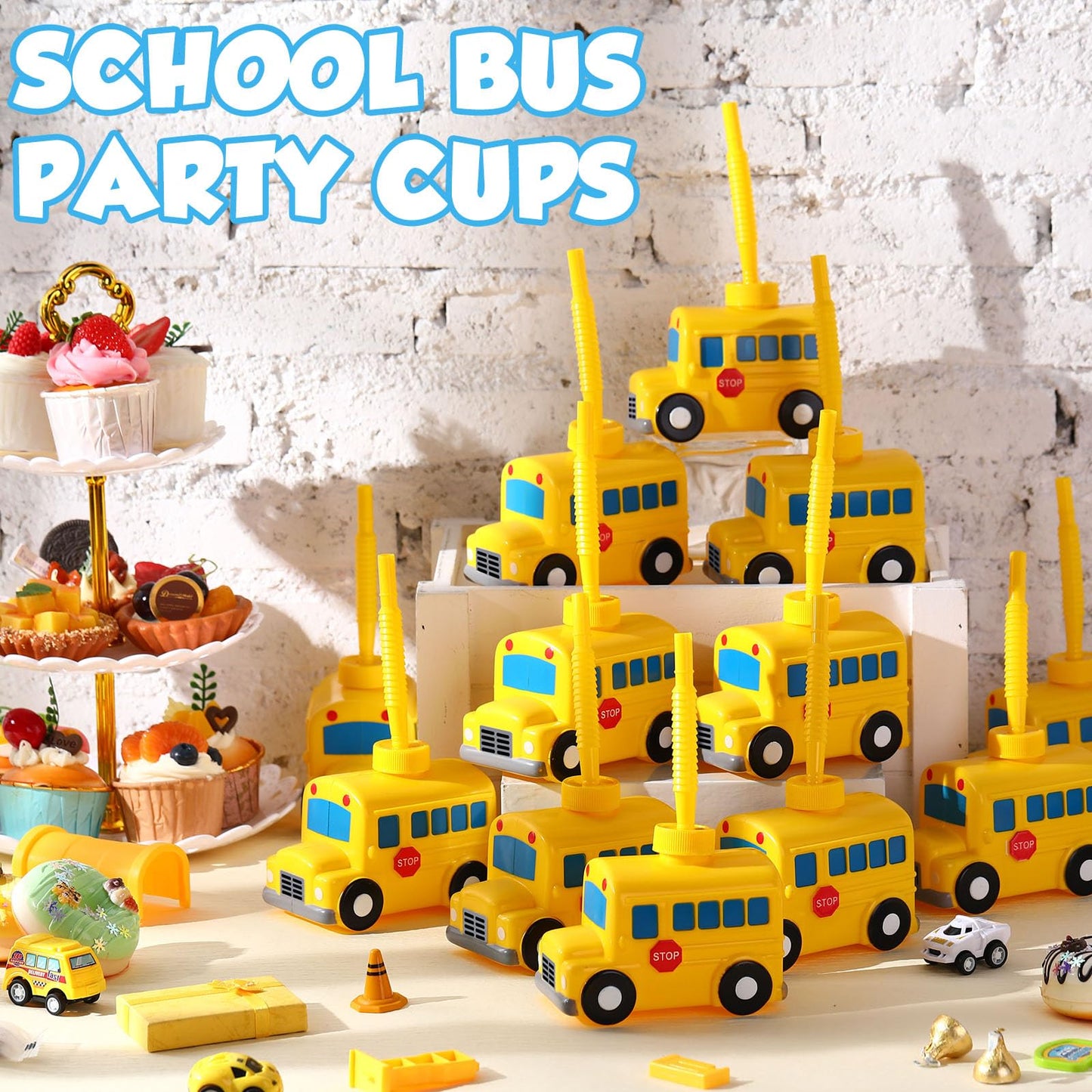 Tanlade 12 Set School Bus Cups with Straws, Plastic Vehicle Bus Shape Cup Bulk First Day of School Birthday Party Favor for Car