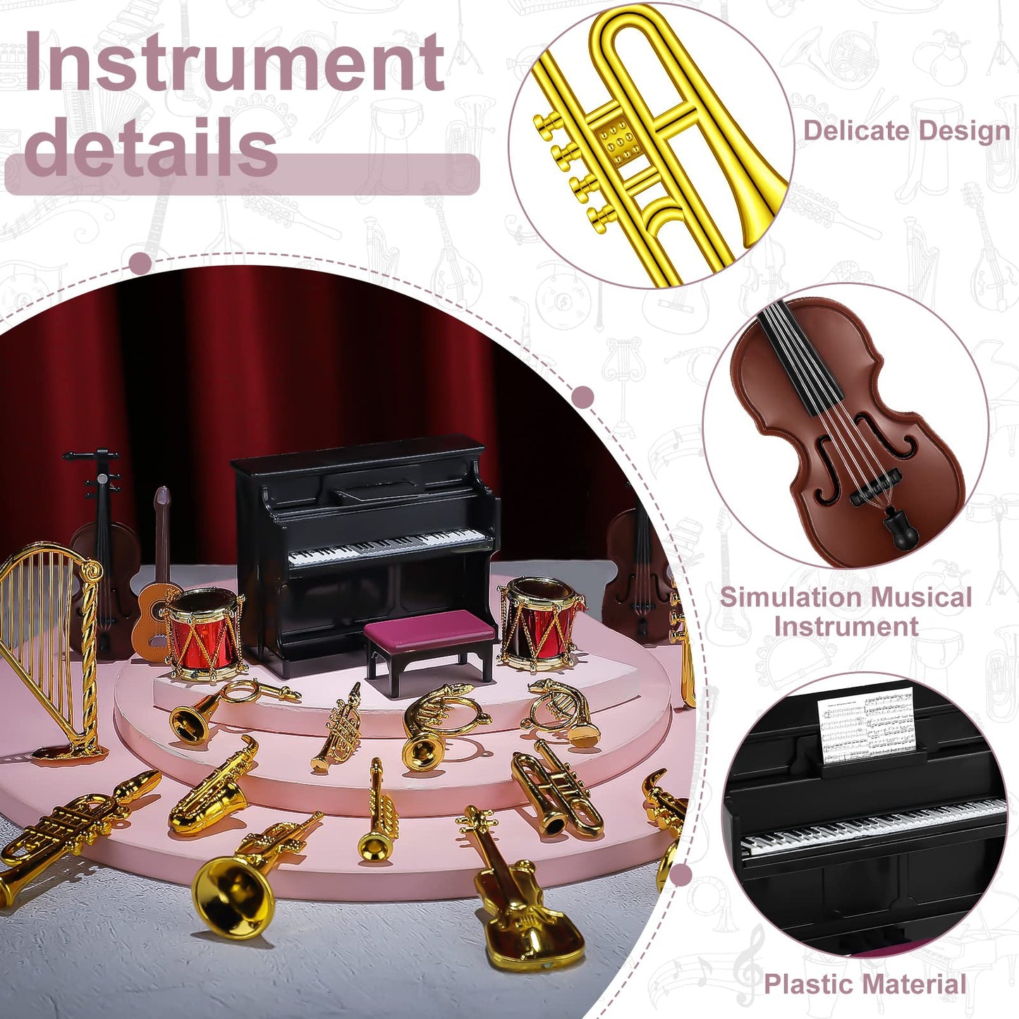 24 Pcs Dollhouse Musical Instruments Miniature Violin Piano Trumpet Saxophone Electric Guitar Tiny Christmas Instruments Set For Party Gift Mini House Musical Room Succulent Garden (Black Piano)