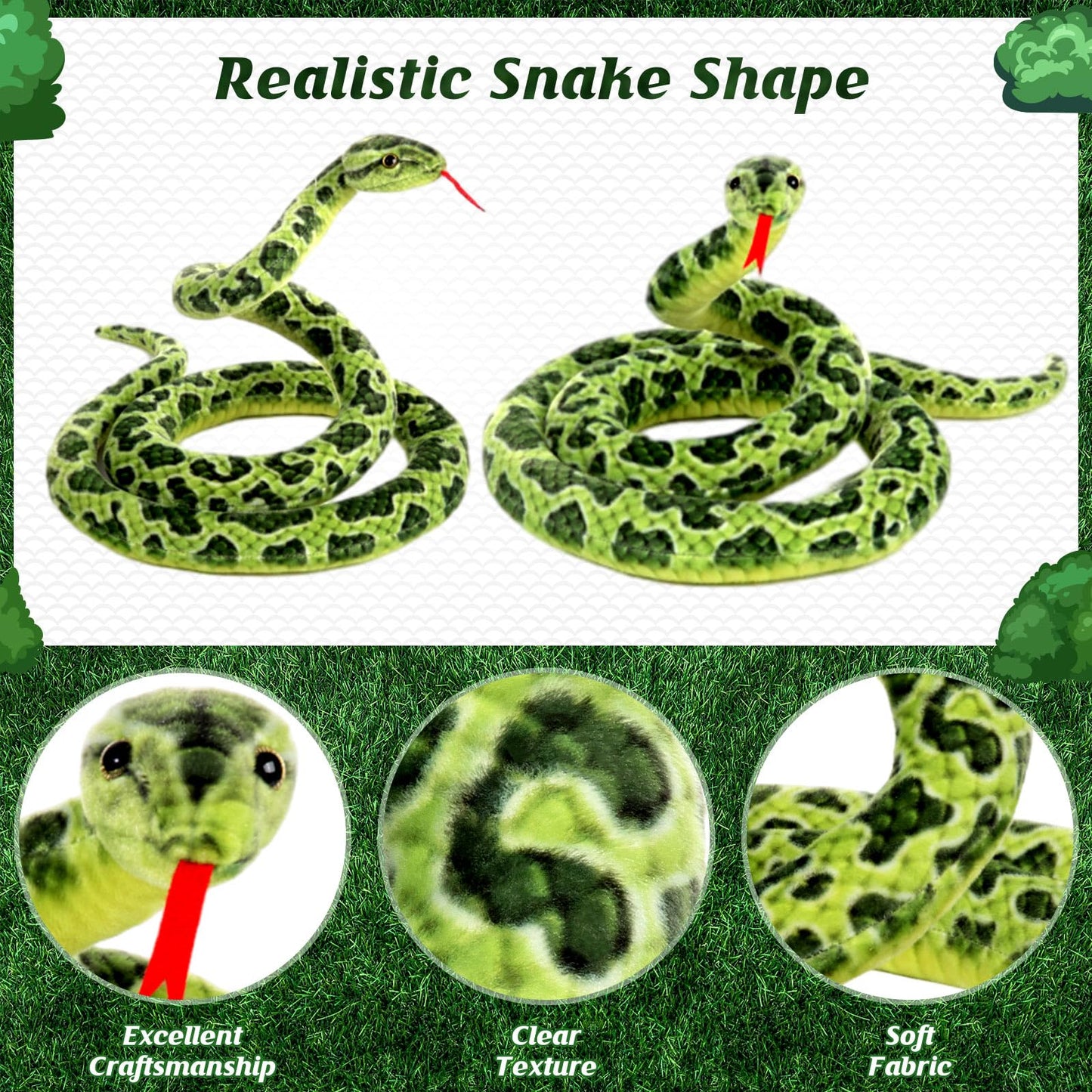 Gdzrdflh Giant Stuffed Snake, Lifelike Plush Snake, Cute Stuffed Animal For Birthday Present Or Party Prank (Cute Green)