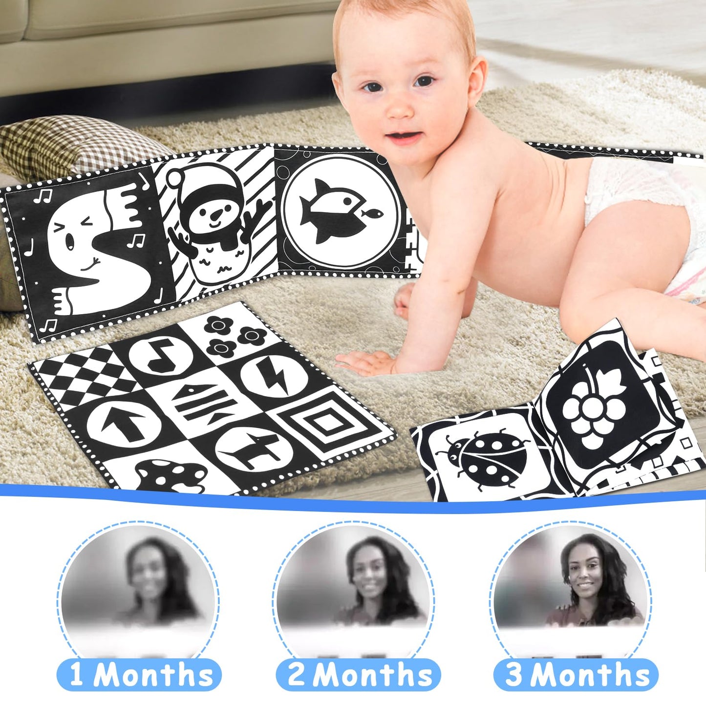 Kuango Newborn Toys Black And White Baby Toys 0-3 Months High Contrast Baby Toys For Newborn - High Contrast Baby Soft Book Infant Tummy Time Toys Crinkle Sensory Toys For Brain Development