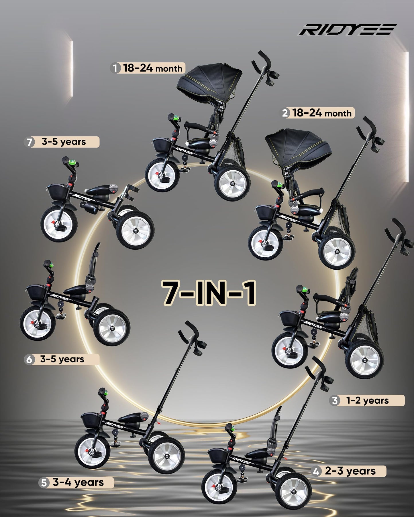 RIDYEE 7-in-1 Folding Toddler Tricycle, Dual Brakes, Adjustable Handle, Rubber Tires, Black, 42.52"x20.28"x42.52" for Ages