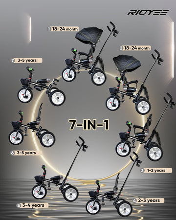 RIDYEE 7-in-1 Folding Toddler Tricycle, Dual Brakes, Adjustable Handle, Rubber Tires, Black, 42.52"x20.28"x42.52" for Ages