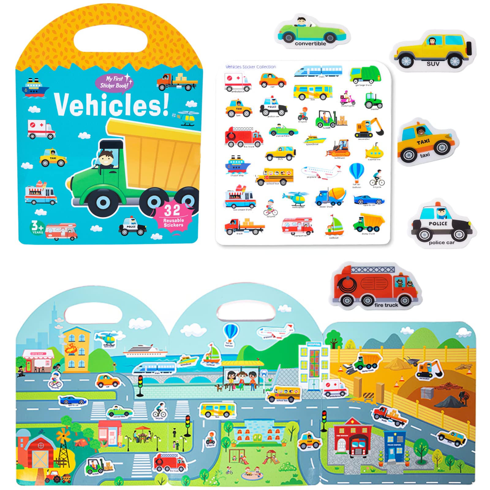 Mikneke Portable Jelly Sticker Quiet Book For Kids, Reusable Sticker Book For Toddlers, Preschool Learning Activities Travel Toys (Vehicles)