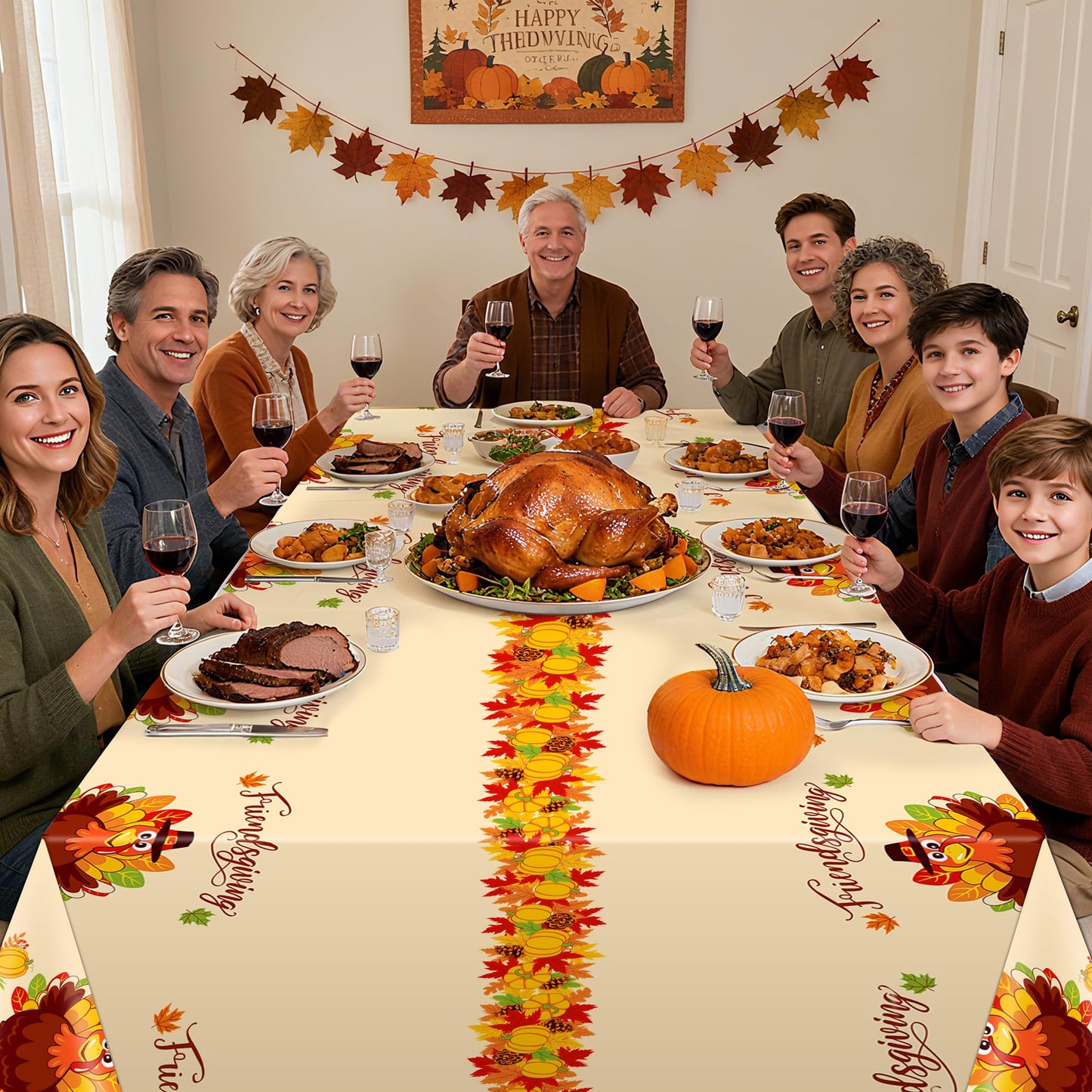 Siawoy 3 Pack Plastic Thanksgiving Tablecloth Disposable,Rectangle Turkey Tablecloth,Vinyl Large Friendsgiving Table Cover for F