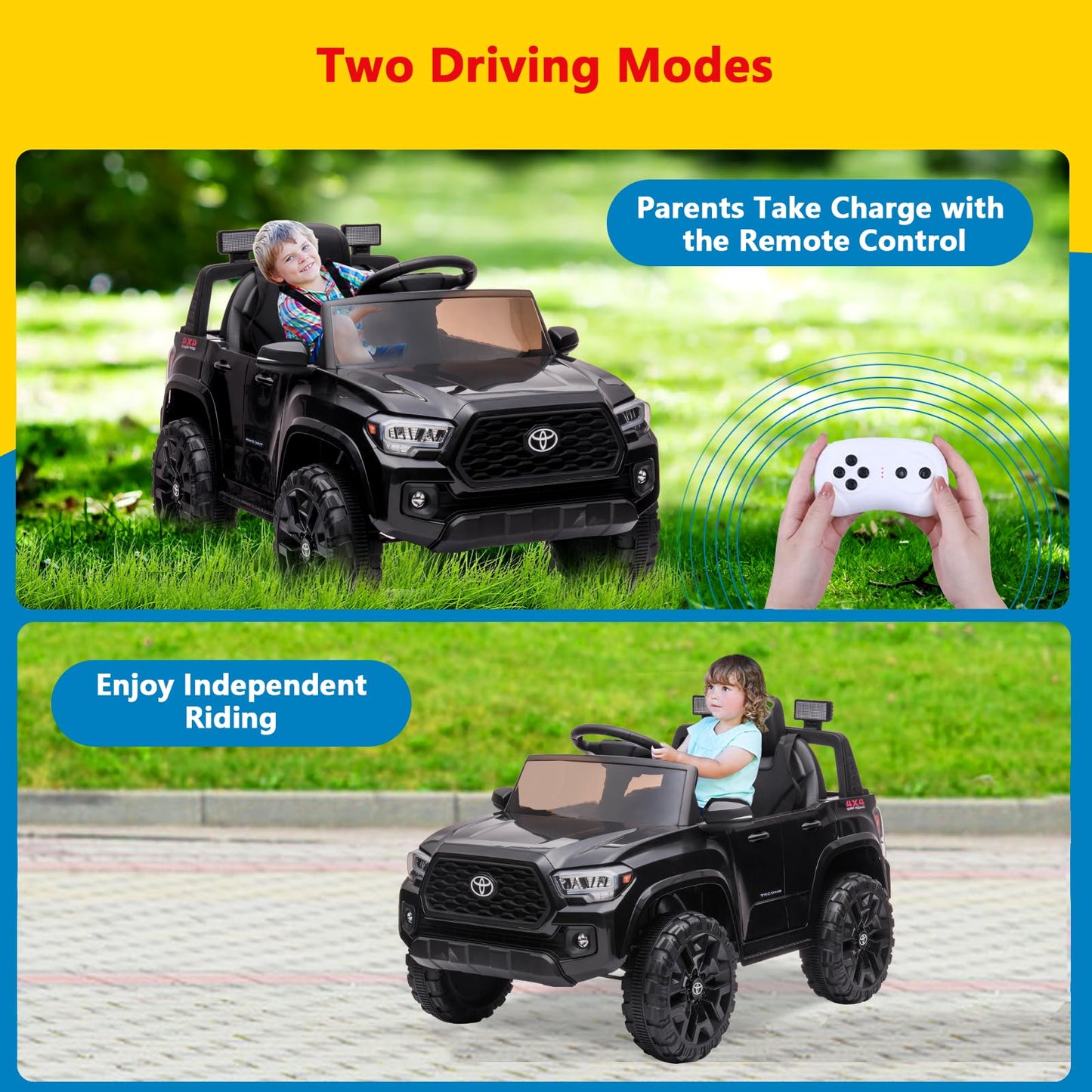 Hipicute Officially Licensed Toyota Tacoma Car, 12V Battery Powered Electric Car With Remote Control, Spring Suspension Safety B