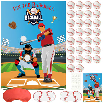 PLULON Pin The Baseball Party Game for Kids Pin the Baseball on the Glove and Bat Large Baseball Poster with Baseball Stickers for Boys Girls Birthday Party Wall Decorations Classroom Activities