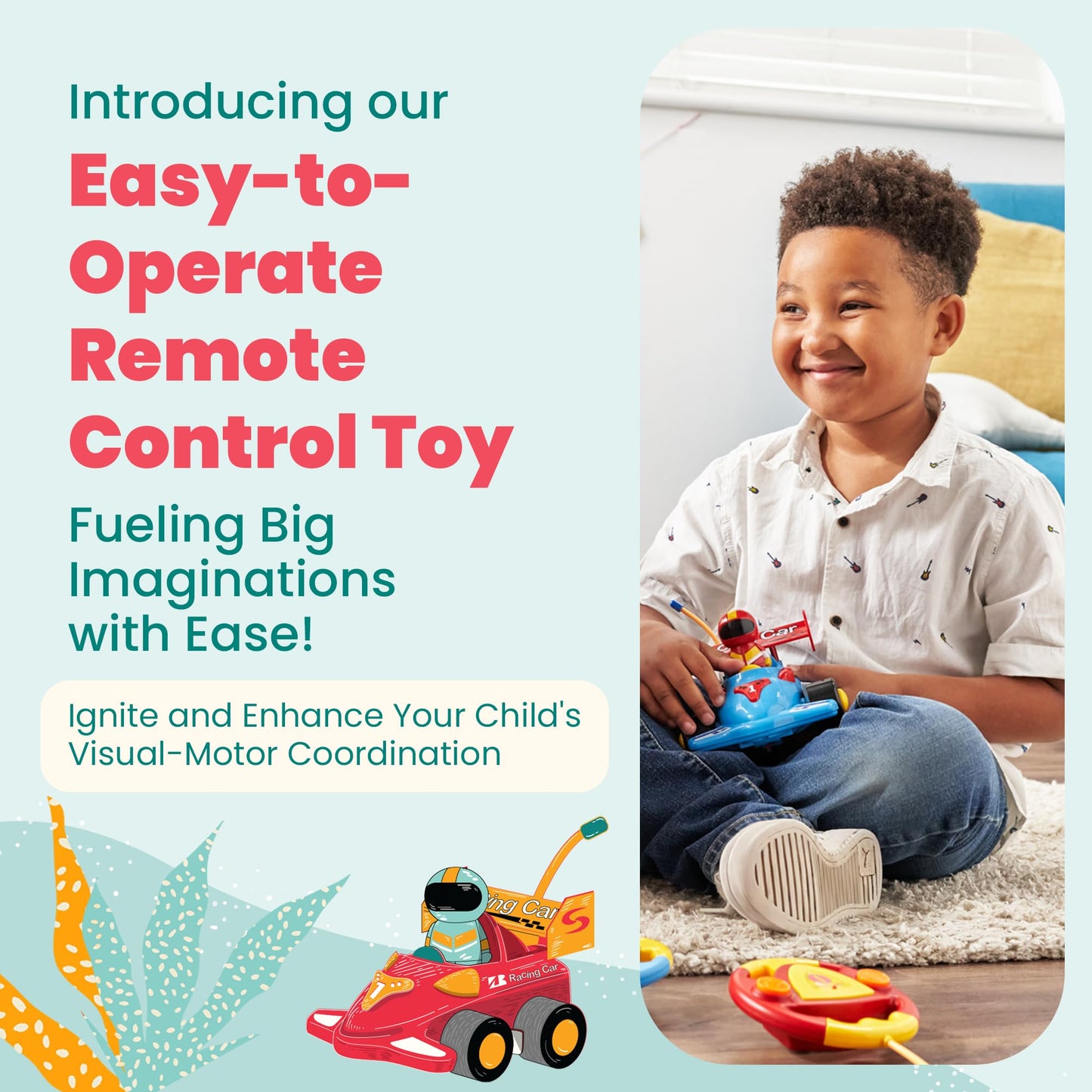 OMBU 2pk Remote Control Car for Kids - Toddler Toys 3-4, Remote Control Car for Toddlers 1-3 with Music and LED Lights, Toddler