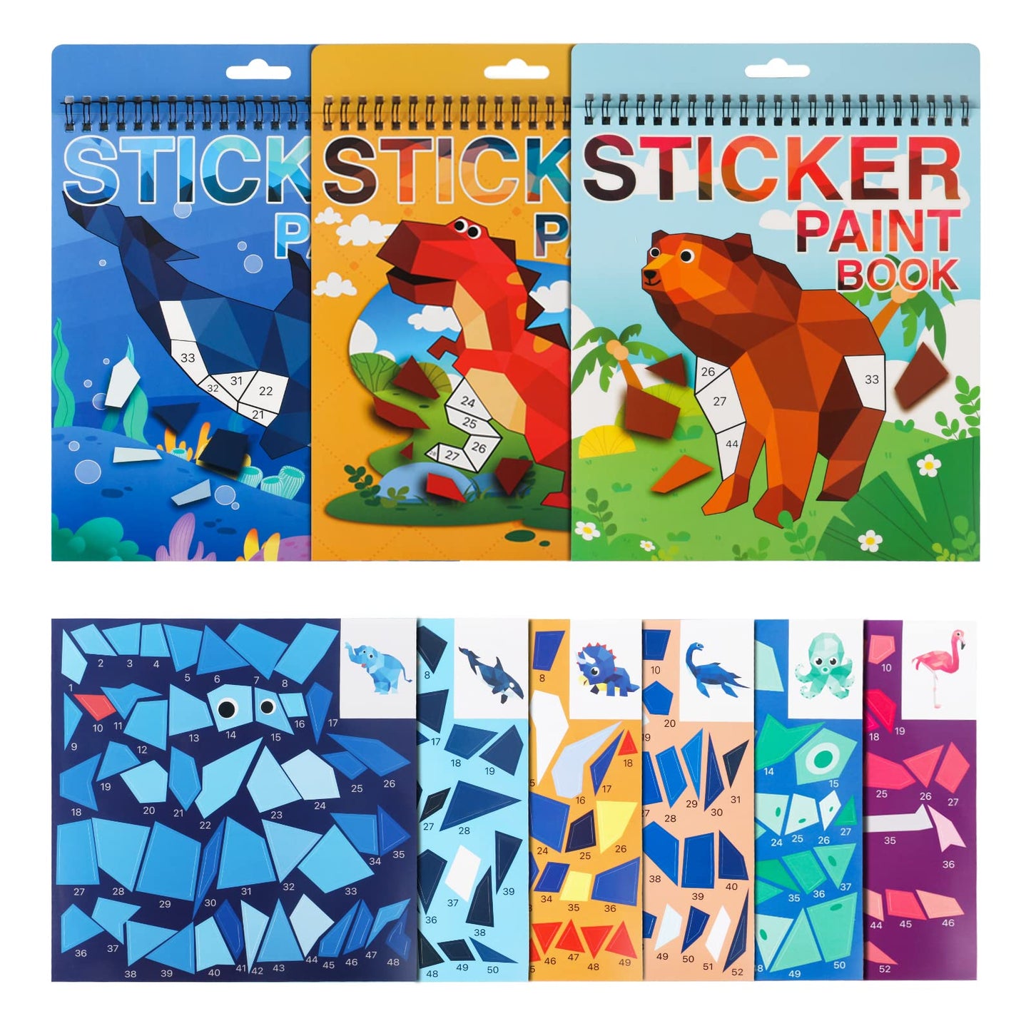 3Pcs Sticker Paint Number Books Crafts For Kids Ages 4-8,8-12 Animal Dinosaur Ocean Sticker Book Stickers For Kids Boys Girl Adults For Birthday Party Favors Gift Travel Toy Daycare Activity