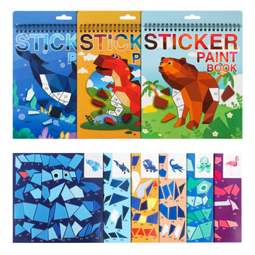 3Pcs Sticker Paint Number Books Crafts For Kids Ages 4-8,8-12 Animal Dinosaur Ocean Sticker Book Stickers For Kids Boys Girl Adults For Birthday Party Favors Gift Travel Toy Daycare Activity
