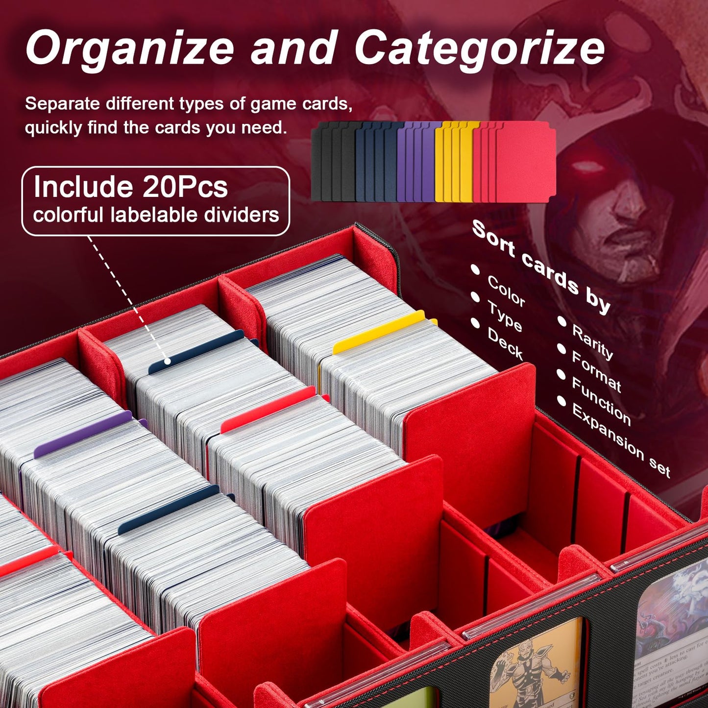 Timovo Mtg Deck Box, Magnetic Trading Card Storage Case Holds 3000+ Sleeveless Cards With 20 Colorful Dividers & 4Pcs Card Suppo