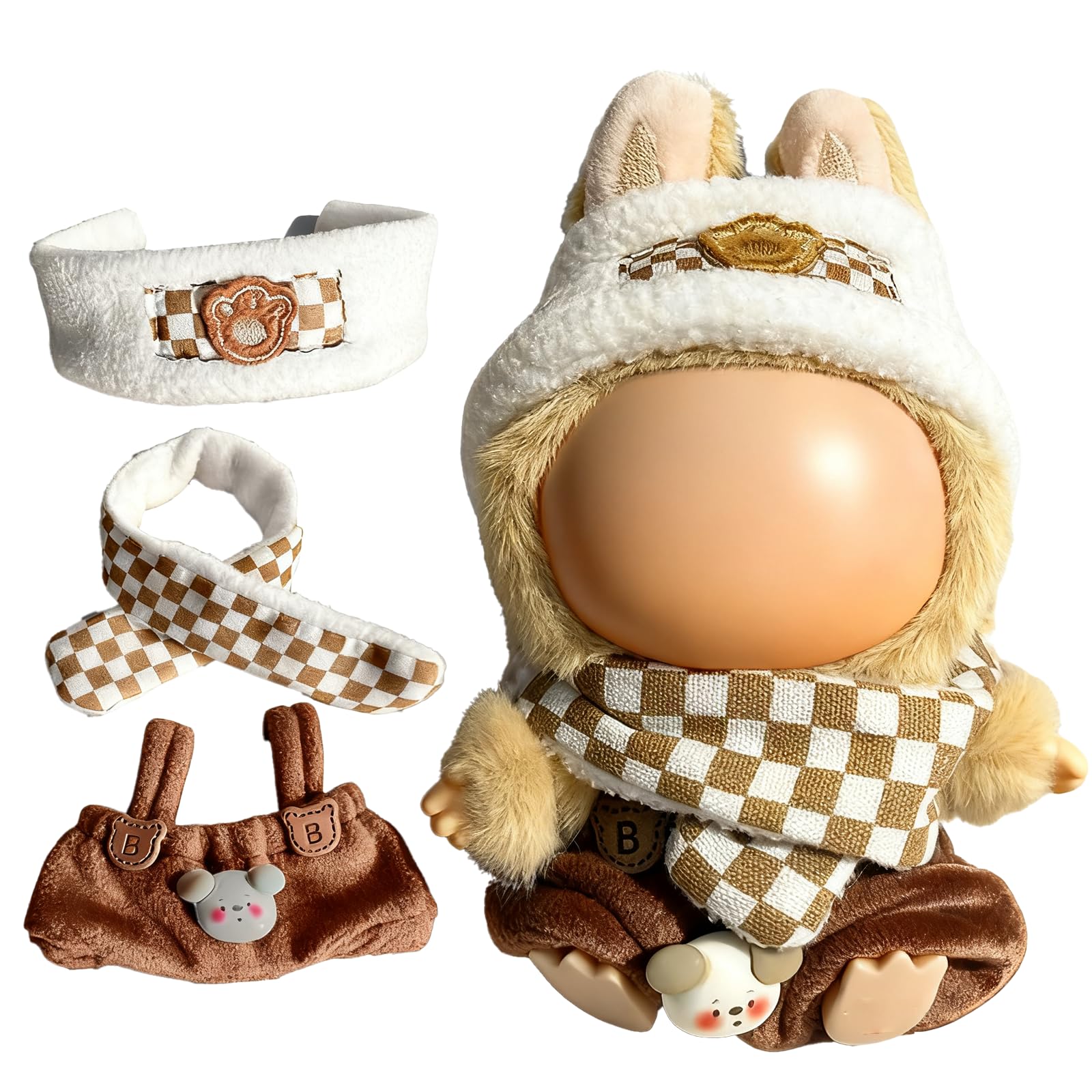 for Labubu Clothes  for Labubu outfits  17cm Doll Clothes Set(NO Doll) - Cute Knit Sweater & Handcrafted Crochet Skirt  enhanced Fashion Dresses  Soft Stretch Fabric Costume Accessorie Brown Scarf Suit