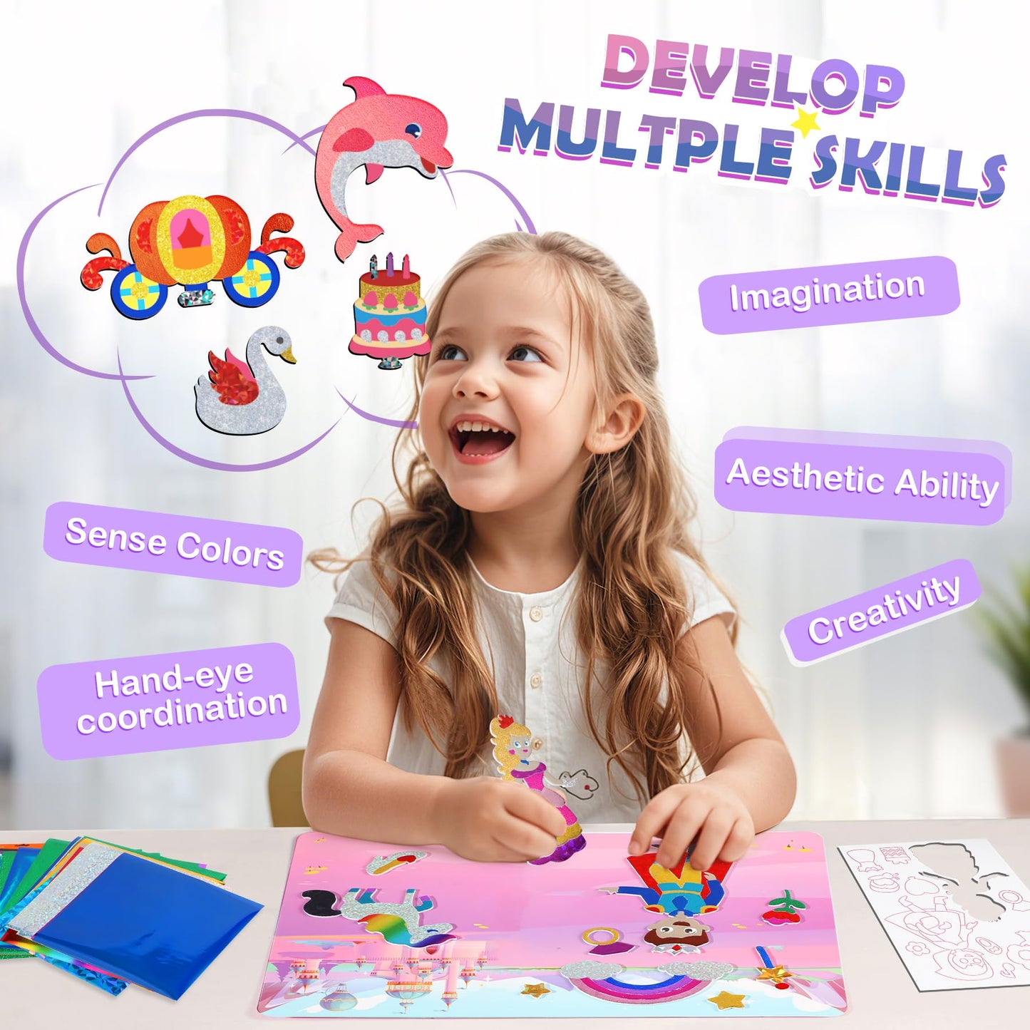 Travel Games Toys for Car Airplane, Foil Arts and Crafts for Kids Ages 4-8, Coloring Sticker Books, No Mess DIY Creative Activit