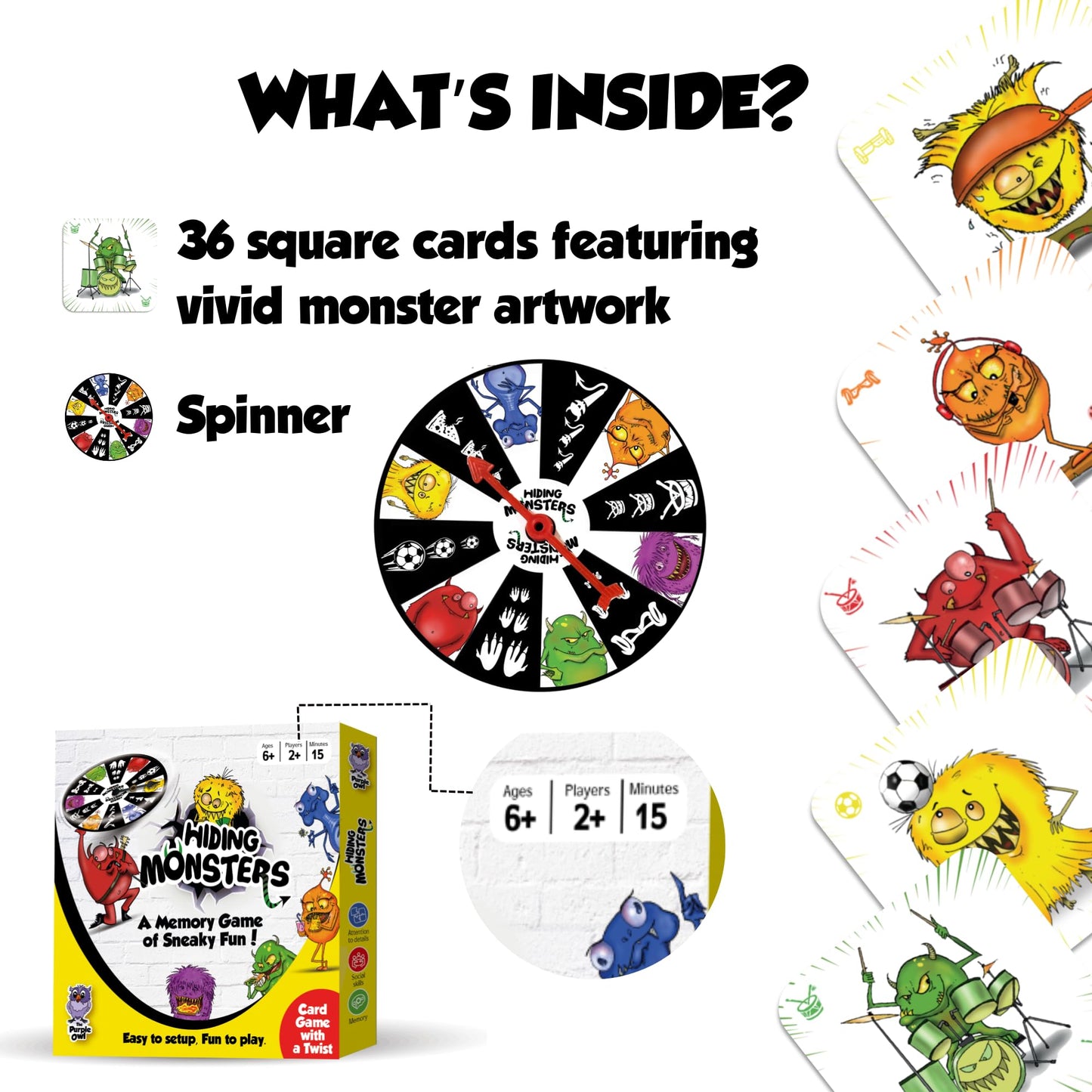 THE PURPLE OWL Hiding Monsters Memory Card Games for Kids with a Spinner Wheel - Fun and Easy-to-Play. Matching Memory Games for Kids 8-12 and 6-8 for Boys and Girls