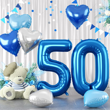 Biapian 40 Inch Blue Number 50 Balloons, 8Pcs Large Foil Number 5 & 0 Balloons With 18'' Blue Silver Heart Shape Balloon For 50T