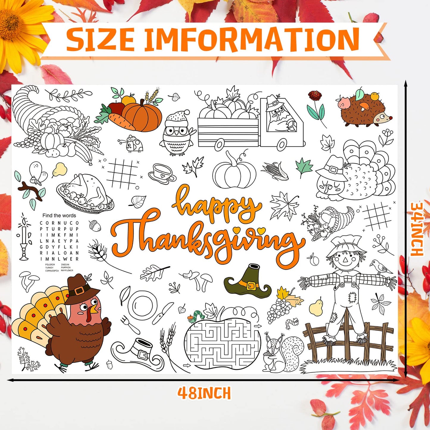 3 Pcs Fall Thanksgiving Coloring Tablecloth for Kids 48 x 36 Inch Large Happy Thanksgiving Color Tablecover Thanksgiving Activit
