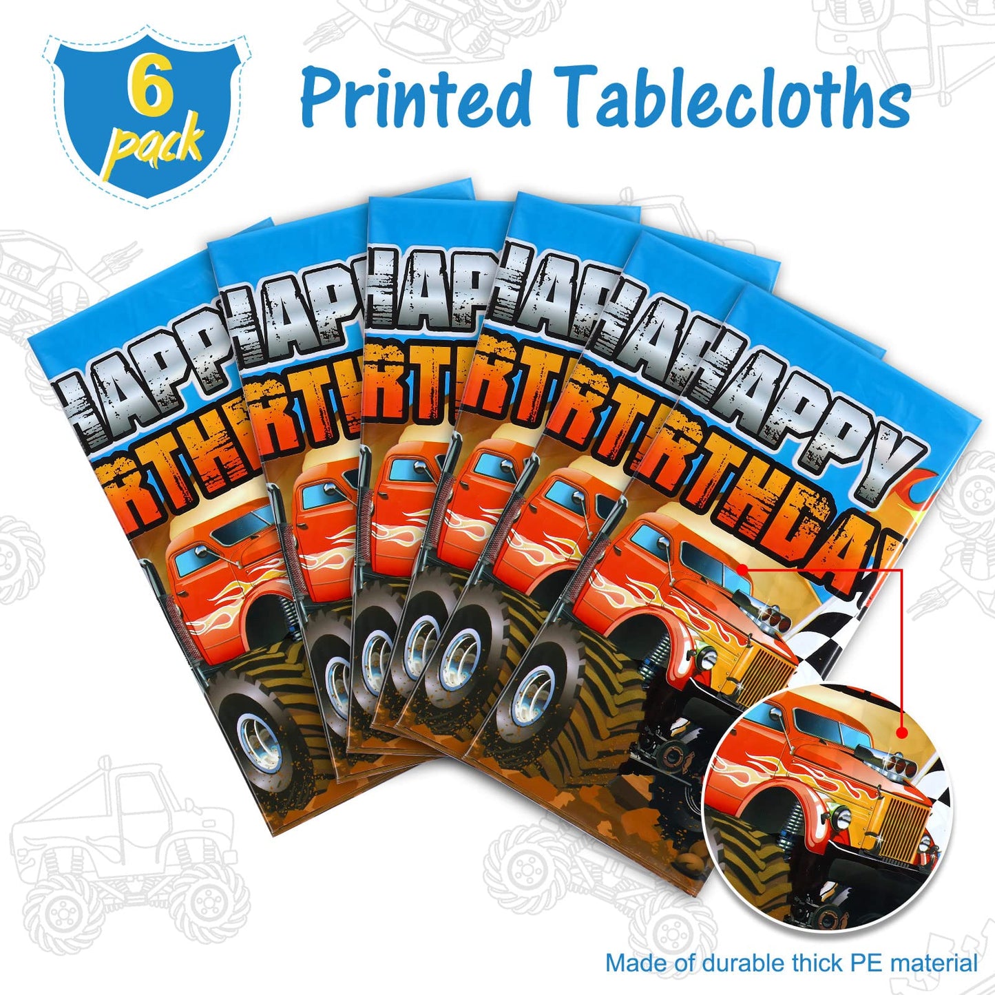 Monster Truck Tablecloth Happy Birthday Monster Truck Party Table Cover Monster Machine Table Cover Grave Digger Theme Checkered Flag Tablecloth For Birthday Party Decorations Supplies(6 Pieces)