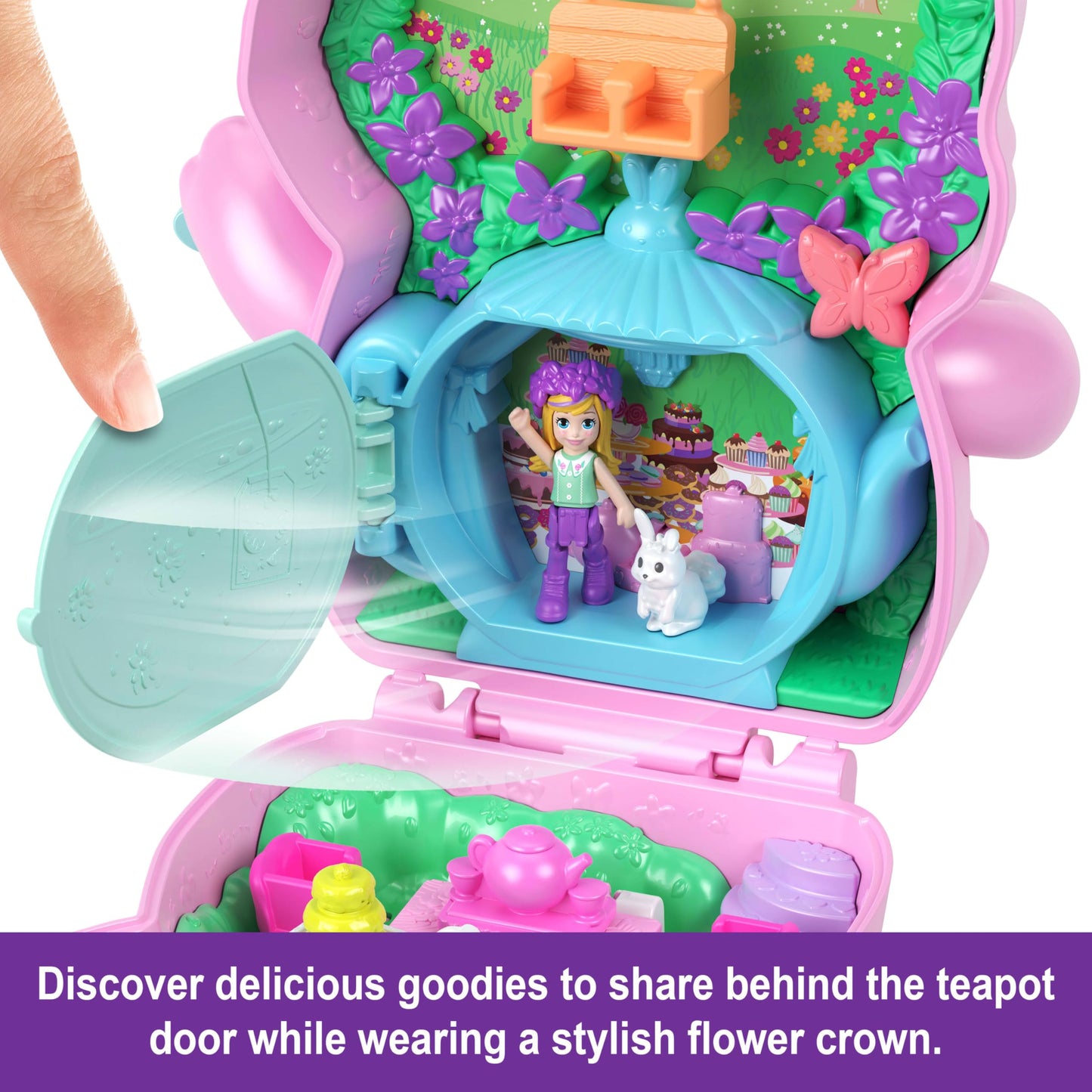 Polly Pocket Dolls And Playset, Tea Party Bunny Compact, Travel Toy With 1 Micro Doll, Pet Bunnies, Food & Fashion Styling Acces