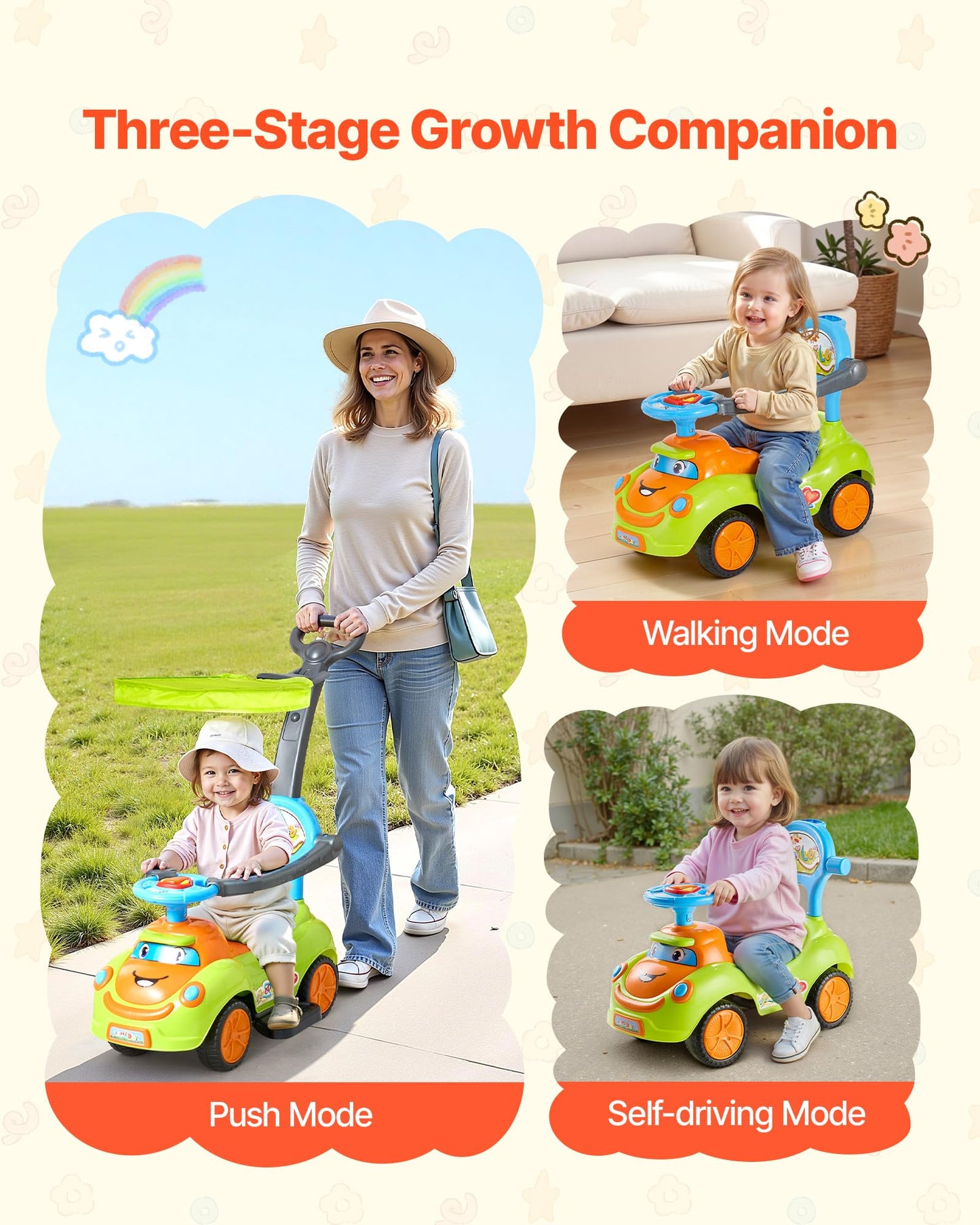 VEVOR Ride On Push Car, Push Car for Toddler 19 to 36 Months, Around Buggy with Guardrails, Handle & Under-seat Storage, 55 lbs