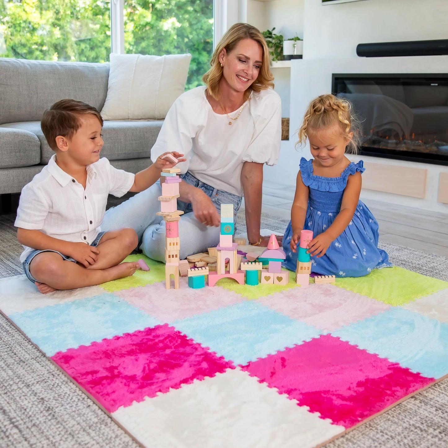 Large 16 Piece Carpet Squares Puzzle Mat - Plush Interlocking Carpet Tiles  Foam Floor Tiles for Baby Mat for Floor - Kids Play Mat Anti Slip Jigsaw Flooring Playmat Like Playroom Rug
