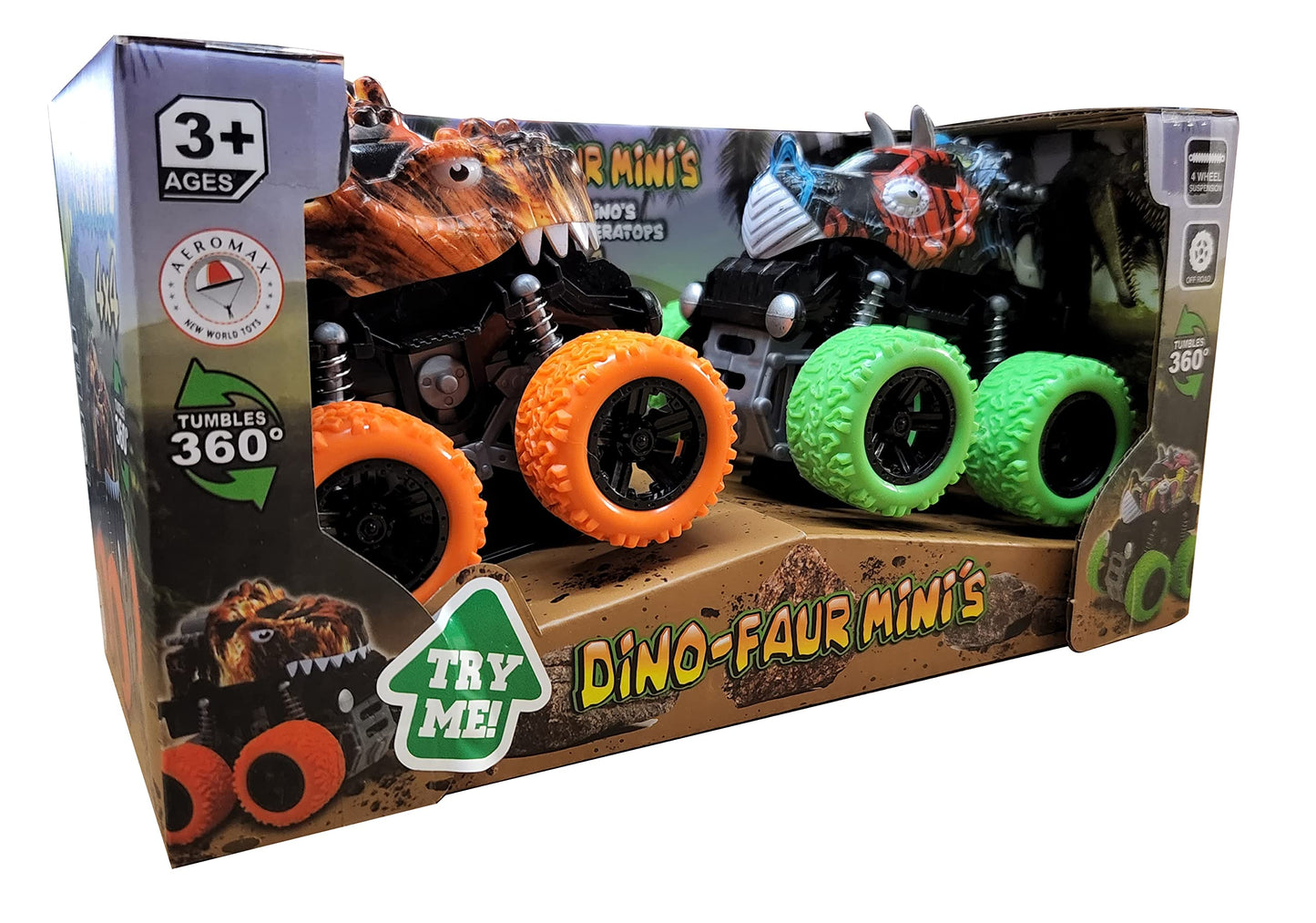 Aeromax Dino-Faur Mini Friction Powered Push N Go Truck Trex And Triceratops 2 Pack (Pbdb-C)