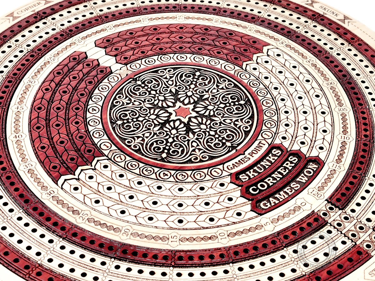 House of Cribbage 10" Round Cribbage Board - Maple/Bloodwood, 4 Tracks, Push Drawer, Maroon