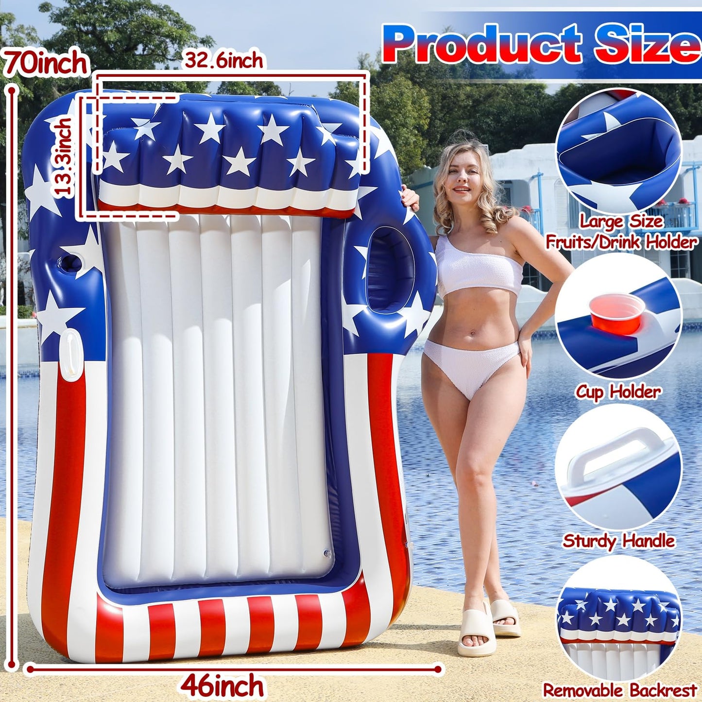 American Flag Pool Floats for mature-themeds with Pillow & Cup Holder  70 x 46 Large Inflatable Tanning Pool Float Lounger  Sunbathing Water Bed Pool Floatie for mature-themed 4th of July Pool Party Patriotic Beach