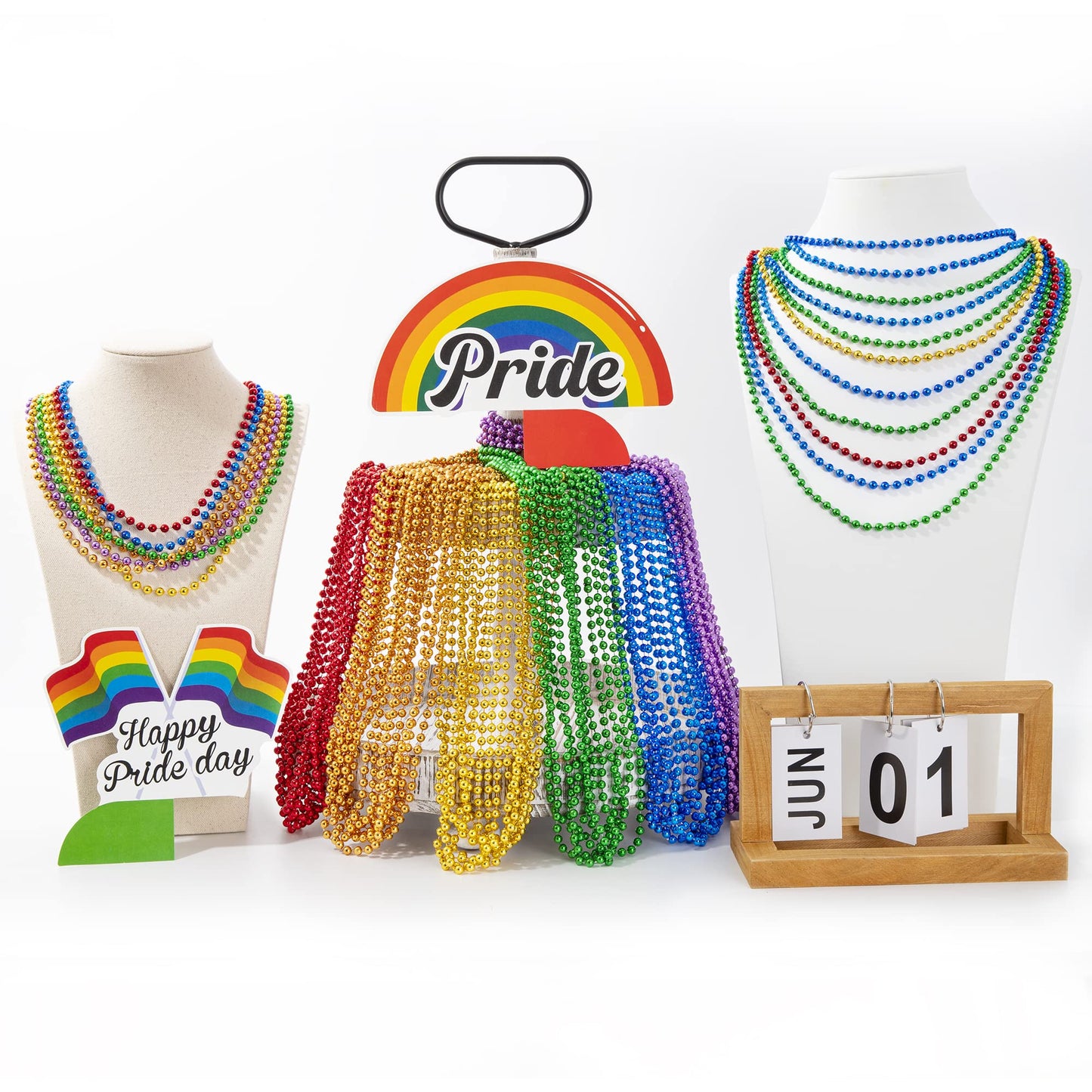 24PCS Pride Necklace Stuff, LGBTQ Beads Pride Accessories, 6 Kinds of Metallic Rainbow Beads Bulk, Gay Lesbian Pride Necklace fo