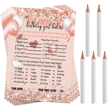 Leinuosen Who Knows The Birthday Girl Best Card, 50 Pcs Birthday Party Game Set Girly Pink Rose Gold Sprinkles Themed Birthday C