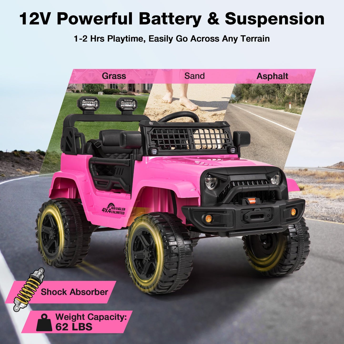 Funtok 12V Ride On Truck For Kids, Electric Cars For Toddlers W/Remote Control, Soft Start, Led Lights, Horn, Radio, Usb/Aux/Mp3, Battery Powered Cars For Kids To Drive (Pink)