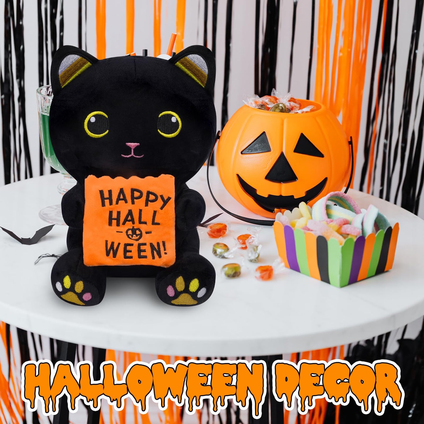 Mufeiruo Halloween Plush,8 Inch Halloween Cat Stuffed Animal,Halloween Black Cat Plushie With Pocket For Kids,Halloween Cat Plush,Gift For Halloween Boys Girls,Halloween Party Favors Decor