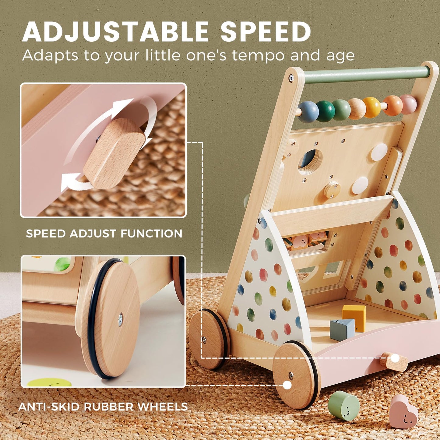 Tiny Land Wooden Baby Walker - Adjustable Speed Montessori Push Toy for Boys & Girls, Colorful Activity Center