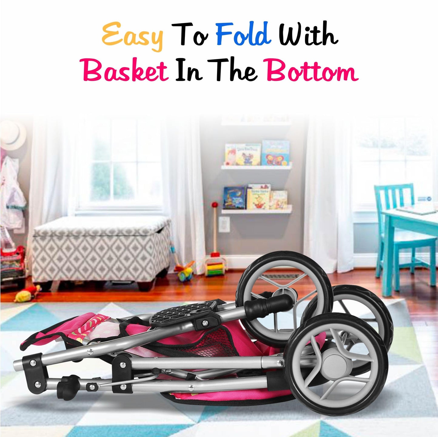 Fash N Kolor Baby Doll Stroller - Adjustable Canopy, Toy Storage, Foldable, Denim Pink, 6 x 1 Inches, Metal