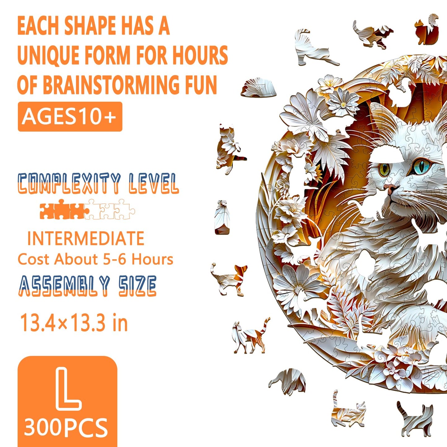 Wooden Puzzles for mature-themeds -Flat Puzzle with 3D Visual Effect  Unique Shape White Cat Puzzle  Wood Puzzles mature-themed  Gift for Cat Lovers  Wall Art Home Decor (L-13.4 * 13.3in-300 Pieces)