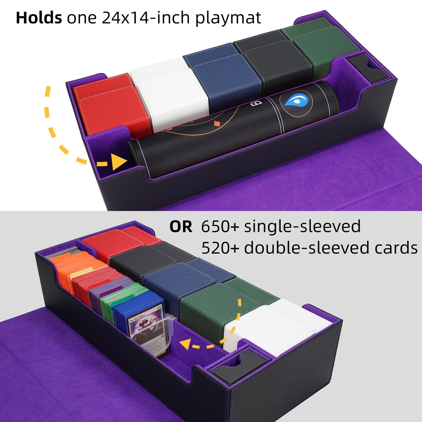 AFIING MTG Deck Box 6 In1 with MTG Playma enhanced Card Storage Box with 5 Pcs MTG Deck Box Holds 2400+ Trading Cards  Large TCG Card Deck Case for Magic Yugioh Sports Cards (Black&Purple)