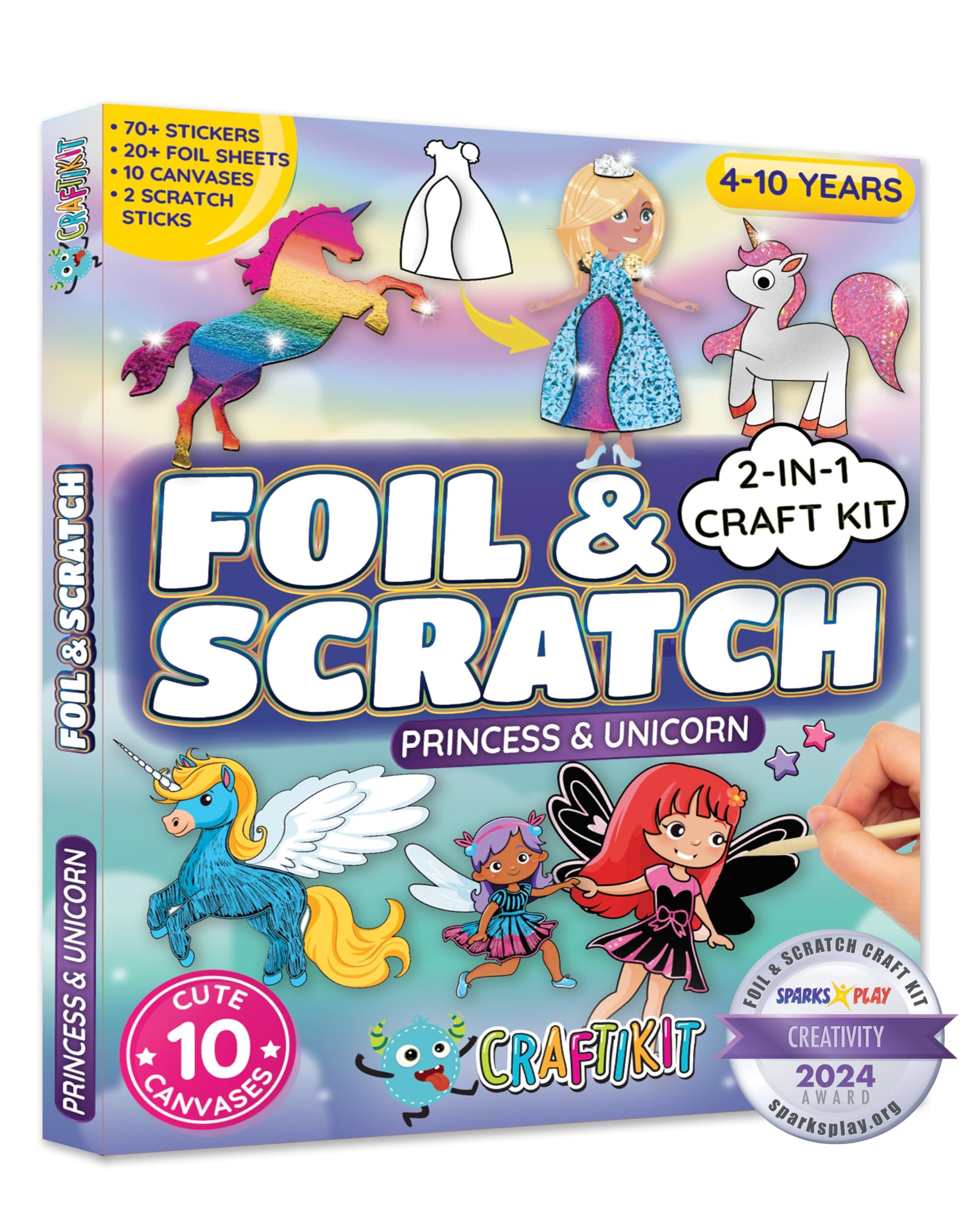 Craftikit  Award-Winning Unicorn and Princess Foil Art & Rainbow Scratch Art for Kids- 2-in-1 Arts and Crafts Kit for Kids Ages 