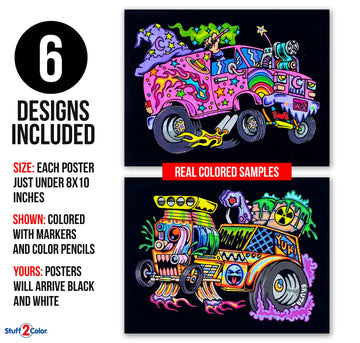 Stuff2Color Monster Cars Fuzzy Poster Coloring Poster 6-Pack (Coloring Fun for Boys and Toddlers) - Great for Quiet Time, Colori