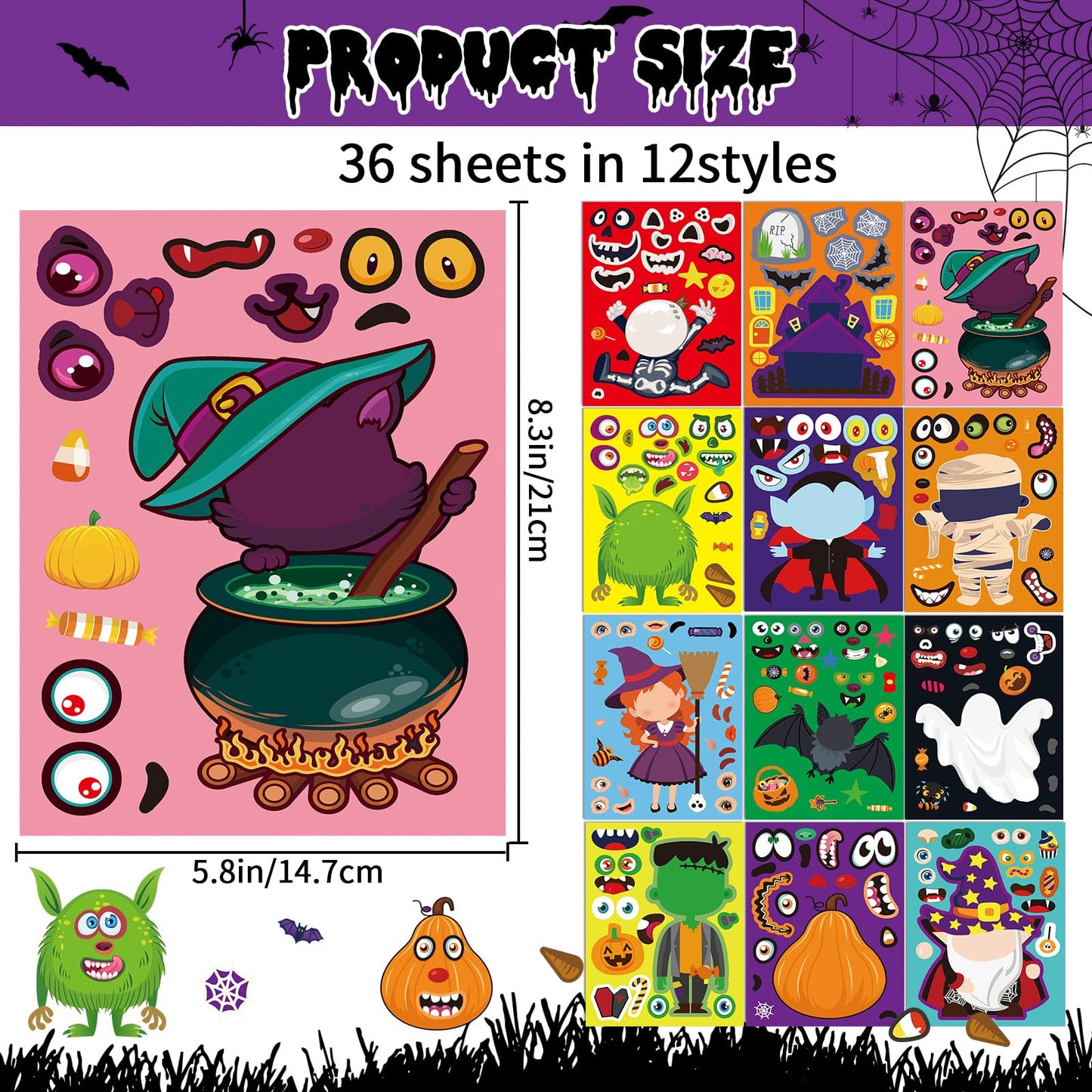 DECYOOL 36 Pack Halloween Stickers, Halloween Make a Face Stickers Vampires Witches Ghost Make Your Own Stickers for Halloween C