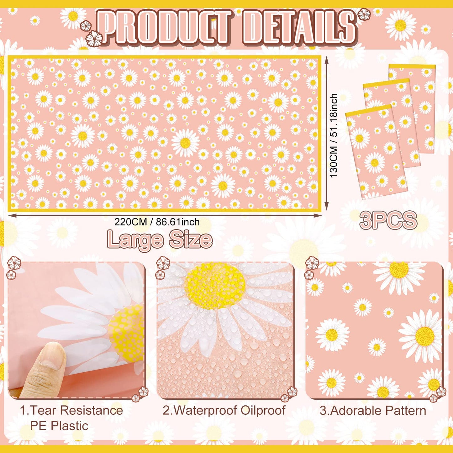 Frienda 3 Pack Plastic Tablecloths - Table Covers for Parties, 86.61 x 51.18 Inch, Waterproof Square and Rectangle Shapes (Daisy